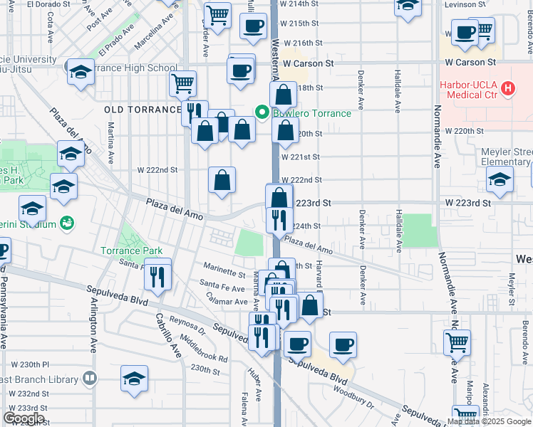 map of restaurants, bars, coffee shops, grocery stores, and more near 22395 South Western Avenue in Torrance