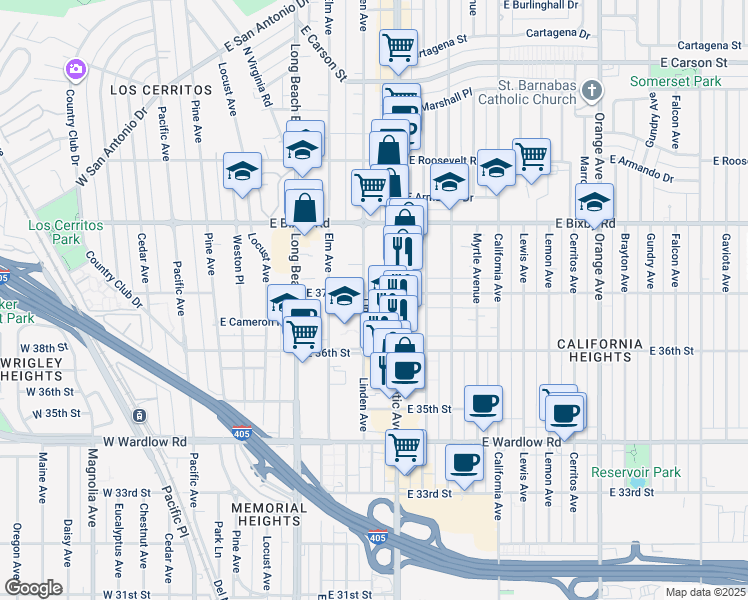 map of restaurants, bars, coffee shops, grocery stores, and more near 3654 Linden Avenue in Long Beach