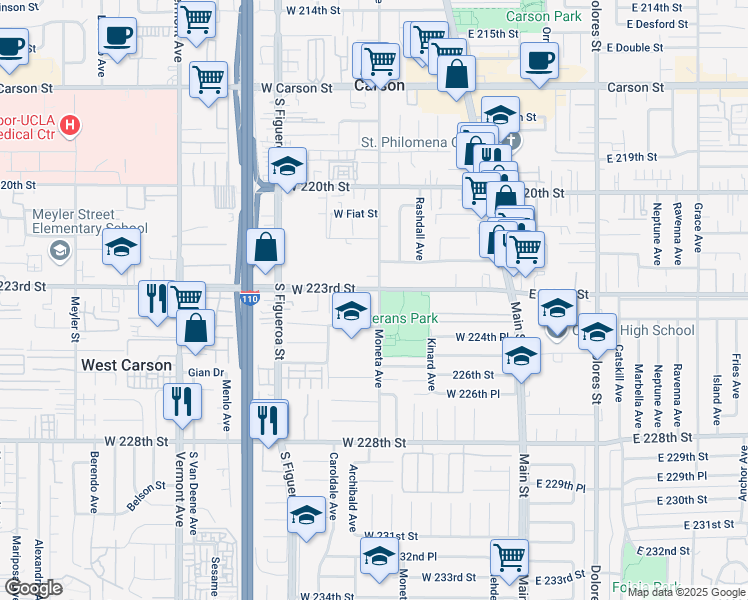 map of restaurants, bars, coffee shops, grocery stores, and more near 22311 Moneta Avenue in Carson