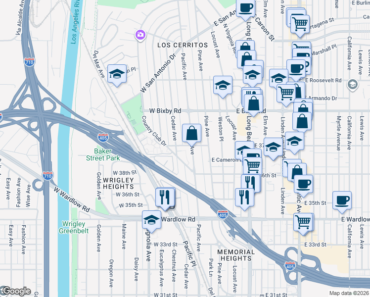 map of restaurants, bars, coffee shops, grocery stores, and more near 208 West 37th Street in Long Beach