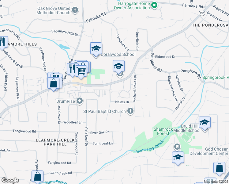 map of restaurants, bars, coffee shops, grocery stores, and more near 1471 Oakridge Circle in Decatur