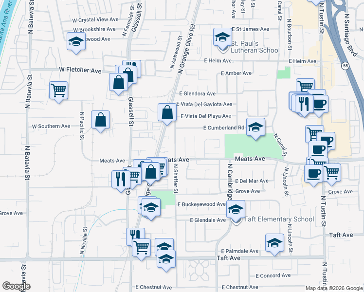 map of restaurants, bars, coffee shops, grocery stores, and more near 2152 North Cleveland Street in Orange