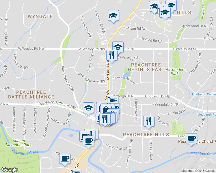map of restaurants, bars, coffee shops, grocery stores, and more near 2525 Peachtree Road Northwest in Atlanta