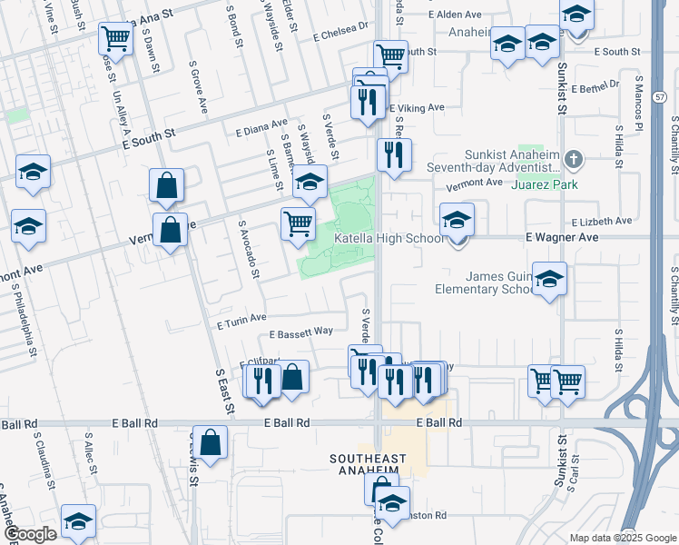 map of restaurants, bars, coffee shops, grocery stores, and more near 1905 East Cortney Way in Anaheim