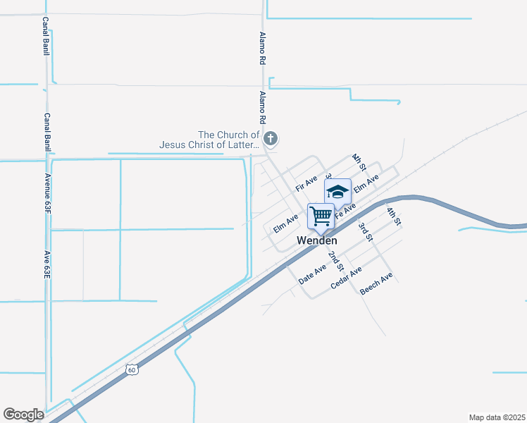 map of restaurants, bars, coffee shops, grocery stores, and more near 70783 Fir Avenue in Wenden