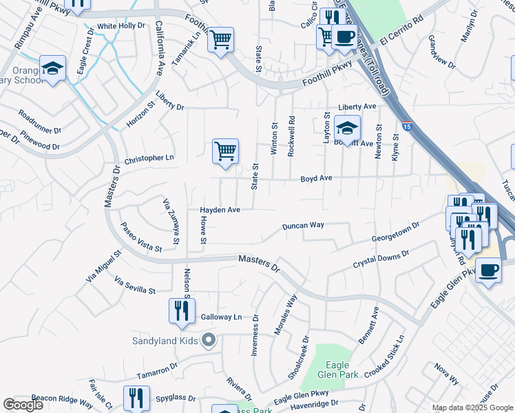 map of restaurants, bars, coffee shops, grocery stores, and more near 1766 Hayden Avenue in Corona