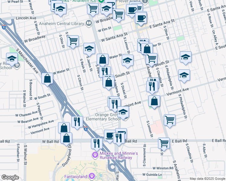 map of restaurants, bars, coffee shops, grocery stores, and more near 855 South Harbor Boulevard in Anaheim