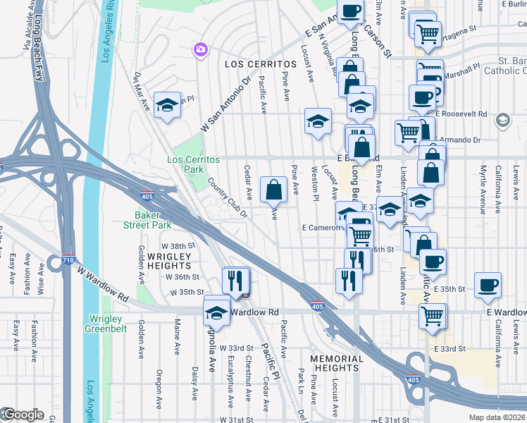 map of restaurants, bars, coffee shops, grocery stores, and more near 3636 North Country Club Drive in Long Beach