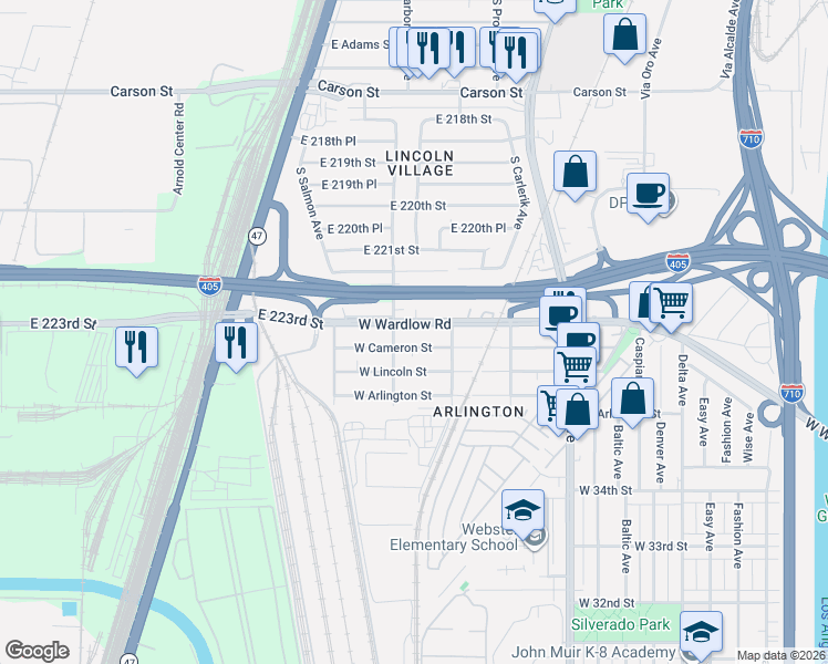 map of restaurants, bars, coffee shops, grocery stores, and more near 2151 West Cameron Street in Long Beach