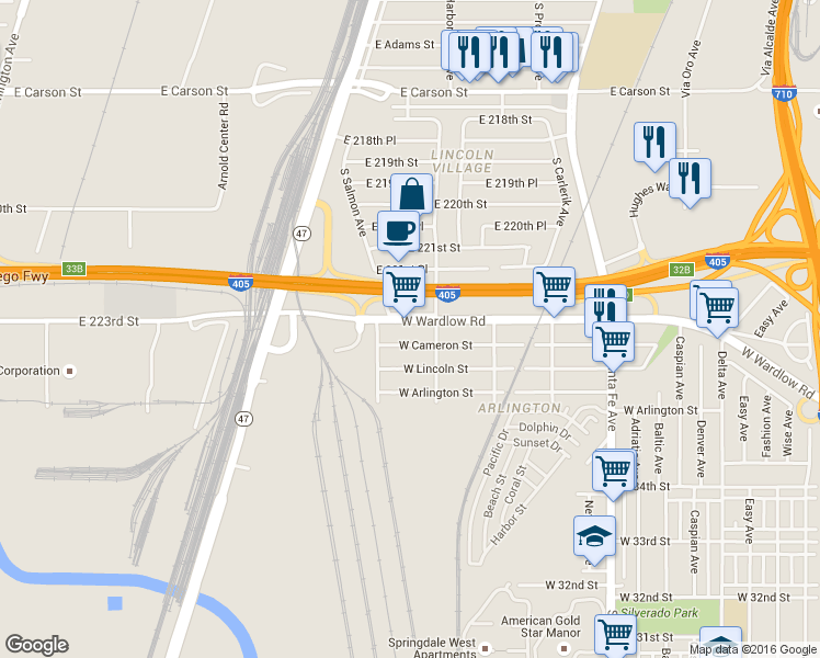 map of restaurants, bars, coffee shops, grocery stores, and more near 2425 West Cameron Street in Long Beach