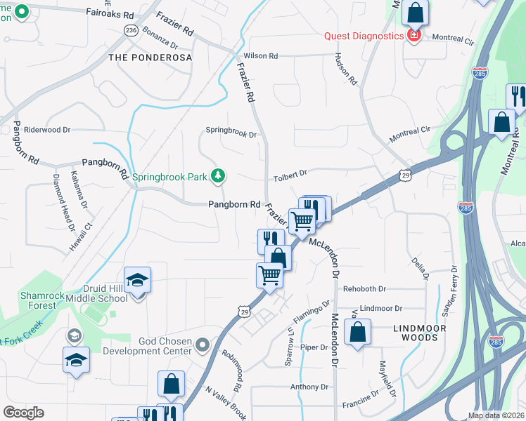 map of restaurants, bars, coffee shops, grocery stores, and more near 1474 Frazier Road in Decatur
