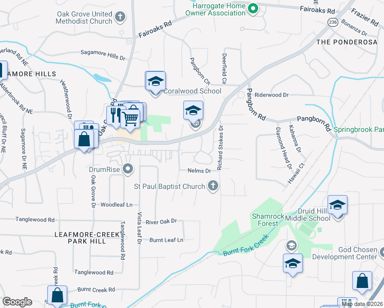 map of restaurants, bars, coffee shops, grocery stores, and more near 1471 Oakridge Circle in Decatur