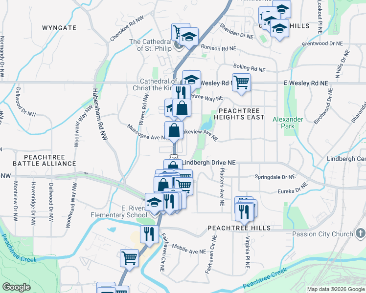 map of restaurants, bars, coffee shops, grocery stores, and more near 2525 Peachtree Road in Atlanta