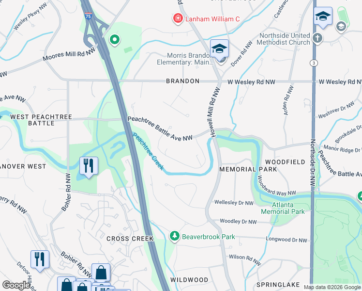 map of restaurants, bars, coffee shops, grocery stores, and more near 981 Peachtree Battle Circle Northwest in Atlanta