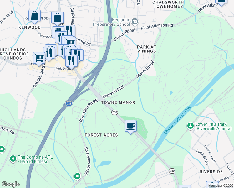 map of restaurants, bars, coffee shops, grocery stores, and more near 2335 Towneheights Terrace Southeast in Smyrna