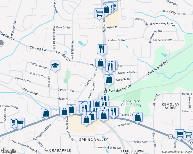 map of restaurants, bars, coffee shops, grocery stores, and more near 5349 Old Floyd Road Southwest in Mableton