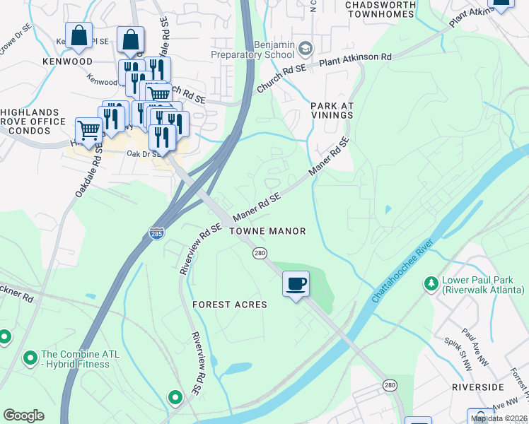 map of restaurants, bars, coffee shops, grocery stores, and more near 2335 Towneheights Terrace Southeast in Smyrna