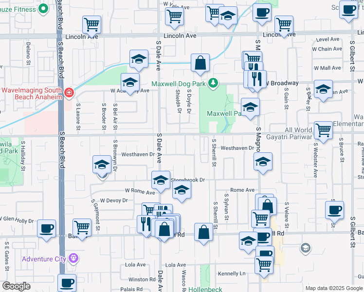 map of restaurants, bars, coffee shops, grocery stores, and more near 619 Shields Drive in Anaheim