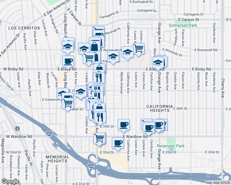 map of restaurants, bars, coffee shops, grocery stores, and more near 3641 Myrtle Avenue in Long Beach
