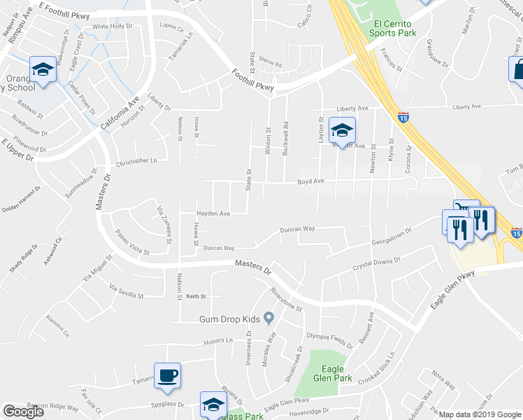 map of restaurants, bars, coffee shops, grocery stores, and more near 7066 Hayden Avenue in Corona