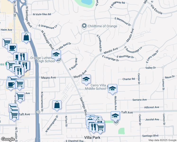 map of restaurants, bars, coffee shops, grocery stores, and more near 17762 Mountain View Circle in Villa Park
