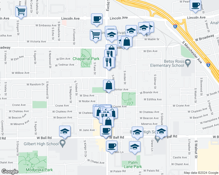 map of restaurants, bars, coffee shops, grocery stores, and more near 630 South Euclid Street in Anaheim