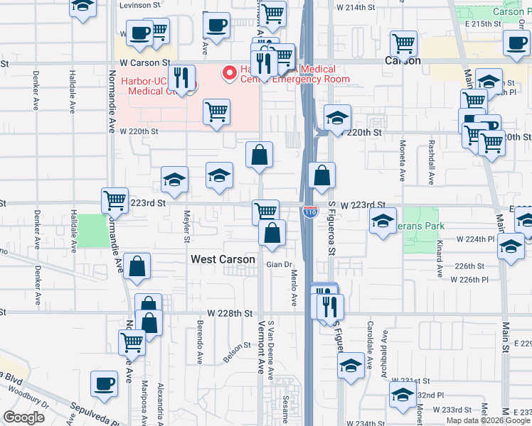 map of restaurants, bars, coffee shops, grocery stores, and more near 22316 South Vermont Avenue in Torrance