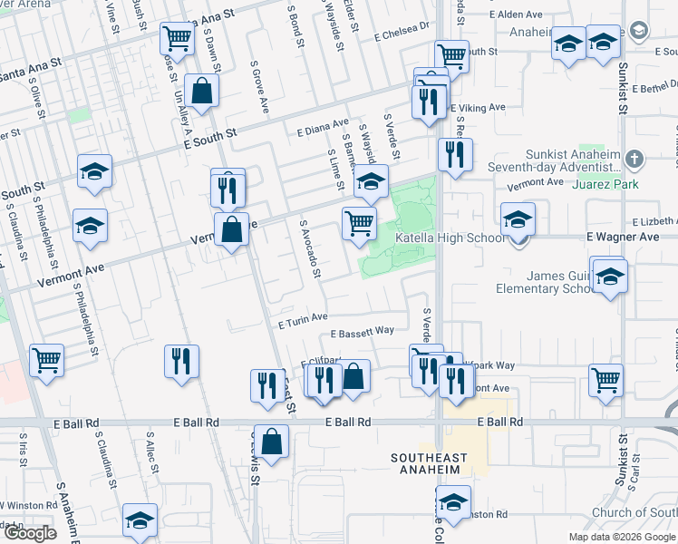 map of restaurants, bars, coffee shops, grocery stores, and more near 1418 East Norman Avenue in Anaheim