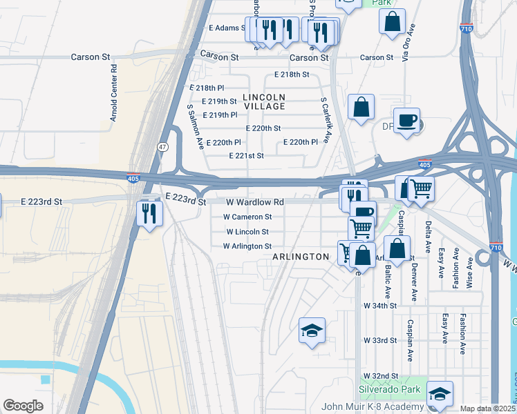 map of restaurants, bars, coffee shops, grocery stores, and more near 2216 West Wardlow Road in Long Beach