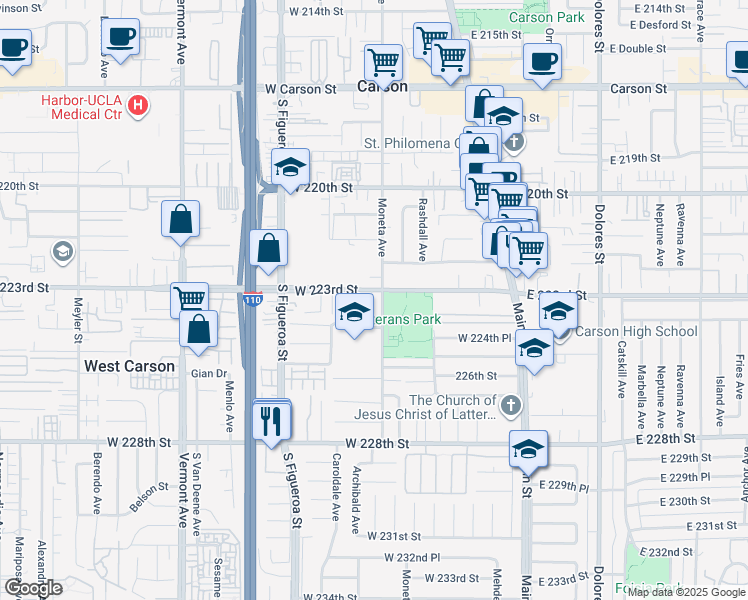 map of restaurants, bars, coffee shops, grocery stores, and more near 22311 Moneta Avenue in Carson