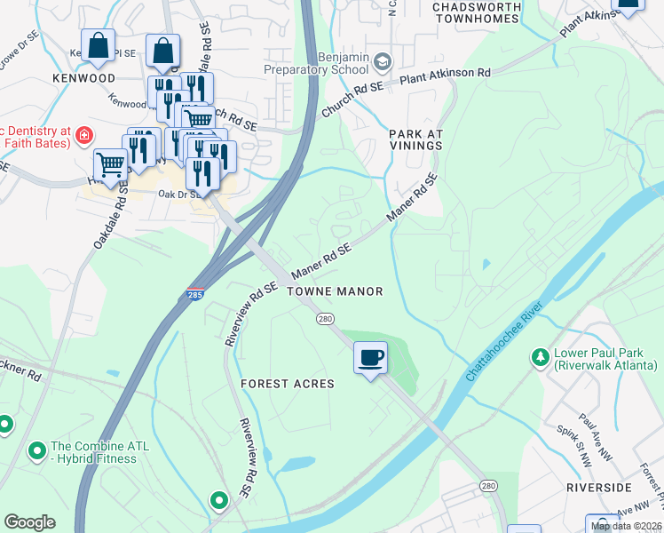 map of restaurants, bars, coffee shops, grocery stores, and more near 2304 Towneheights Terrace Southeast in Atlanta