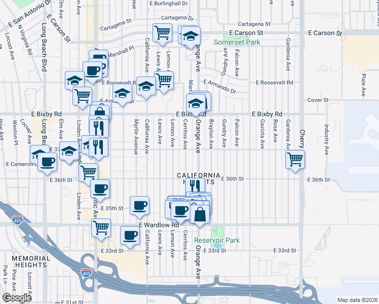 map of restaurants, bars, coffee shops, grocery stores, and more near 1168 East 37th Street in Long Beach