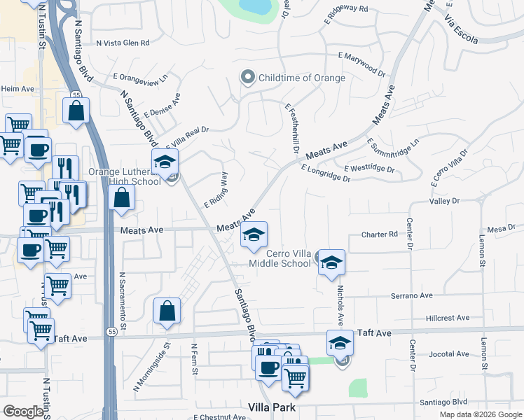 map of restaurants, bars, coffee shops, grocery stores, and more near 17762 Mountain View Circle in Villa Park