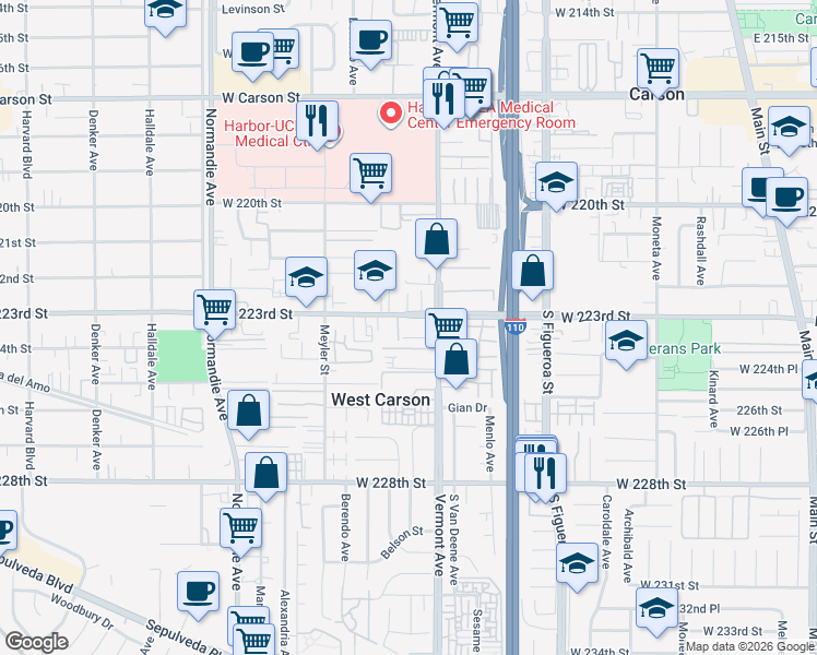 map of restaurants, bars, coffee shops, grocery stores, and more near 924 West 223rd Street in Torrance