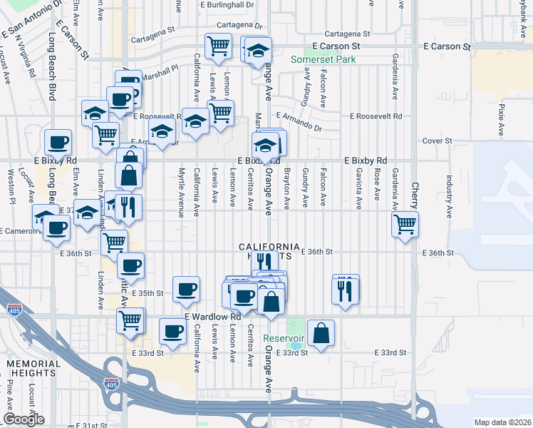 map of restaurants, bars, coffee shops, grocery stores, and more near 1190 East 37th Street in Long Beach