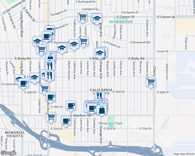 map of restaurants, bars, coffee shops, grocery stores, and more near 1168 East 37th Street in Long Beach