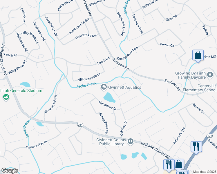 map of restaurants, bars, coffee shops, grocery stores, and more near 2811 Quinbery Drive in Snellville