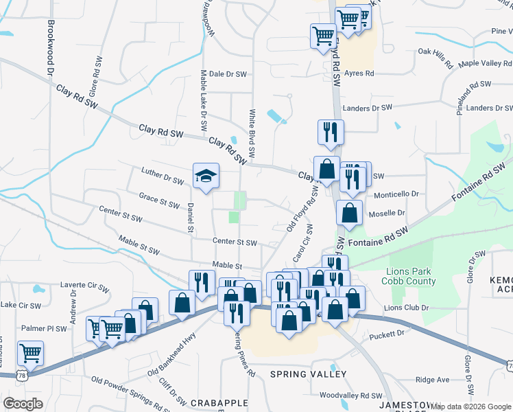 map of restaurants, bars, coffee shops, grocery stores, and more near 889 Walker Drive Southwest in Mableton