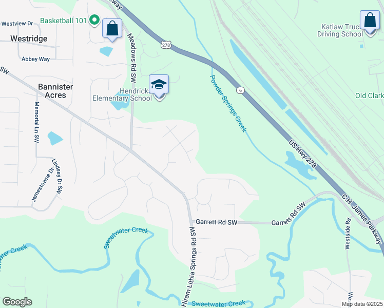map of restaurants, bars, coffee shops, grocery stores, and more near 5394 Springbrook Lane Southwest in Powder Springs
