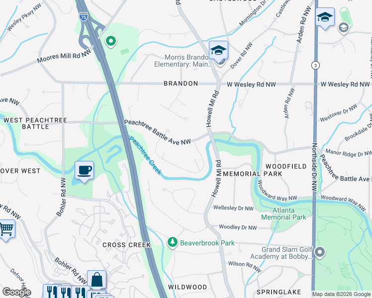 map of restaurants, bars, coffee shops, grocery stores, and more near 950 Peachtree Battle Avenue Northwest in Atlanta