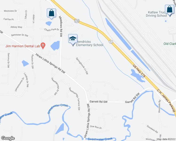 map of restaurants, bars, coffee shops, grocery stores, and more near 4107 Springridge Court in Powder Springs