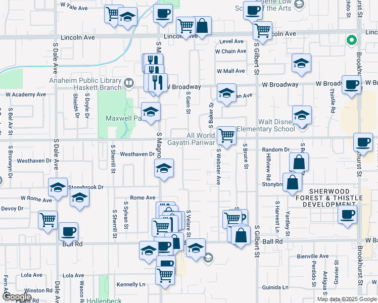 map of restaurants, bars, coffee shops, grocery stores, and more near 624 South Velare Street in Anaheim