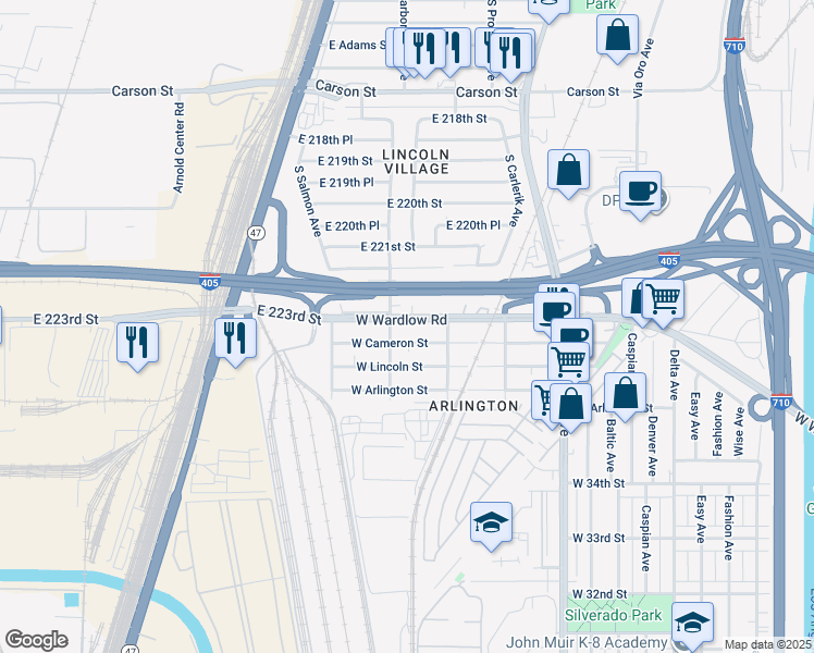 map of restaurants, bars, coffee shops, grocery stores, and more near 2216 West Wardlow Road in Long Beach