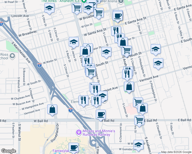 map of restaurants, bars, coffee shops, grocery stores, and more near 843 S Helena St in Anaheim
