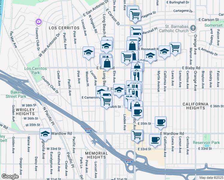 map of restaurants, bars, coffee shops, grocery stores, and more near 2 Elm Avenue in Long Beach