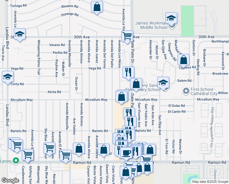 map of restaurants, bars, coffee shops, grocery stores, and more near 30870 Avenida Del Padre in Cathedral City