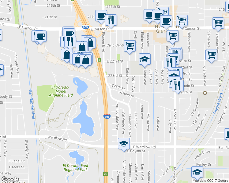 map of restaurants, bars, coffee shops, grocery stores, and more near 7830 East Ring Street in Long Beach