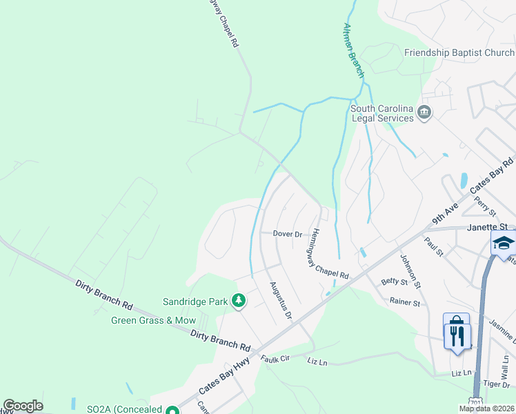 map of restaurants, bars, coffee shops, grocery stores, and more near 1209 Augustus Drive in Conway