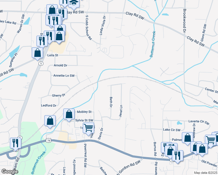 map of restaurants, bars, coffee shops, grocery stores, and more near 5340 Beth Drive in Austell