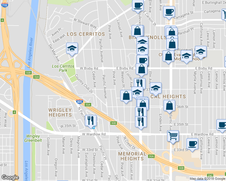map of restaurants, bars, coffee shops, grocery stores, and more near 3630 Pine Avenue in Long Beach